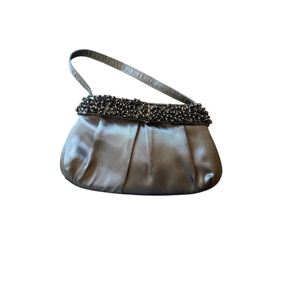 Nytlites Evening Bag Black Satin Beaded Trim Pleated Vintage Style Handbag